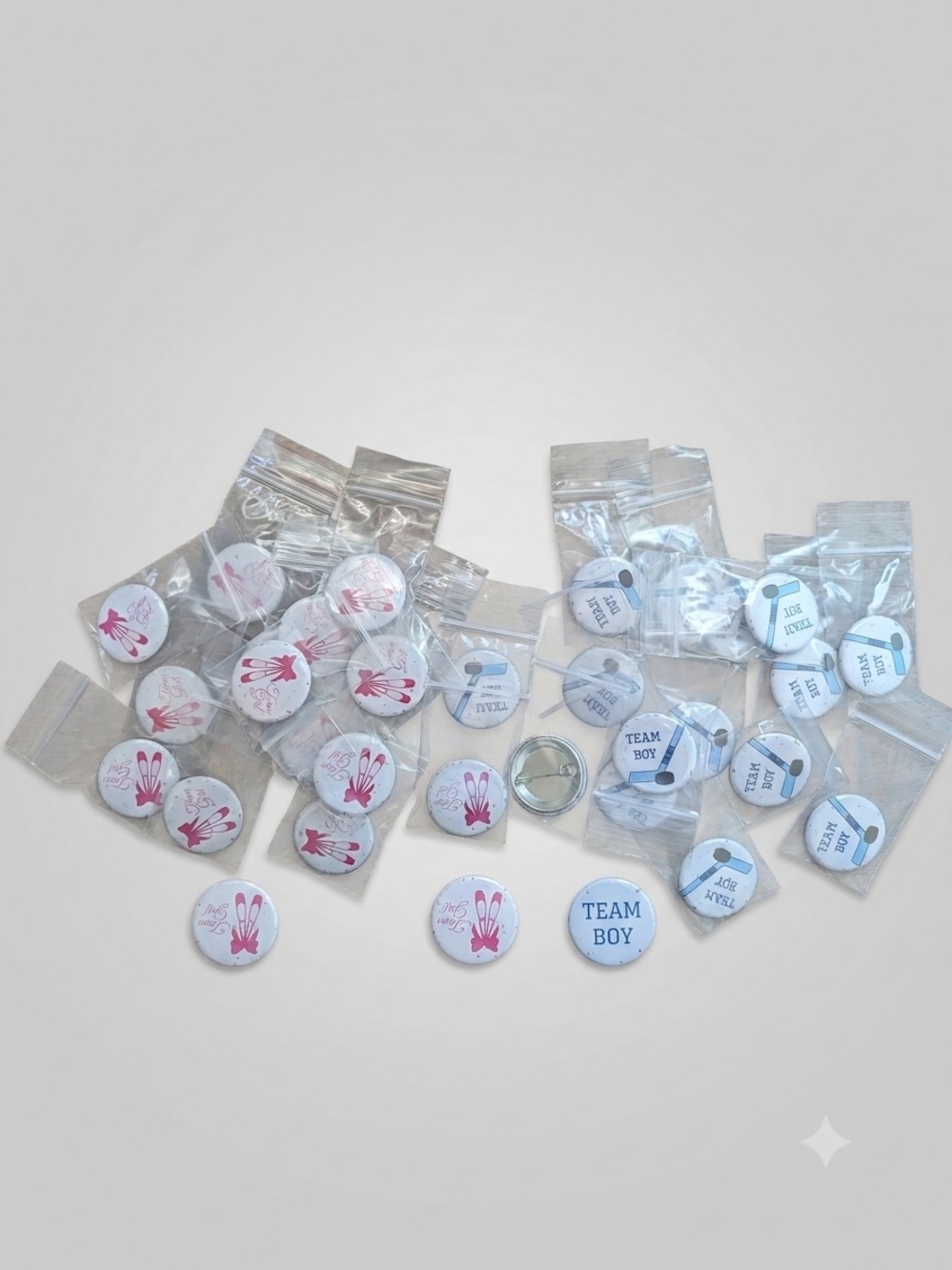Gender Reveal Team Boy and Team Girl Pinback Buttons - 15 Boy And 15 Girl Pins